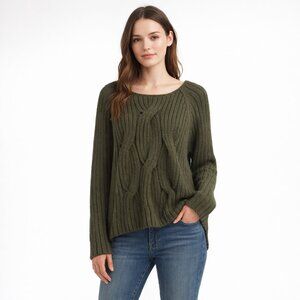 KF/KaufmanFranco Collective Olive Cable Knit Sweater Size Large High Low Wool
